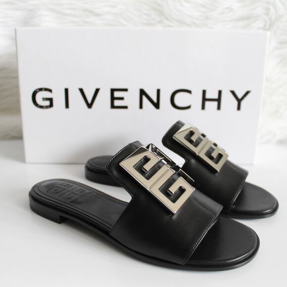 New Givenchy 4G Black Leather Silver Logo Slides - Picture 4 of 15